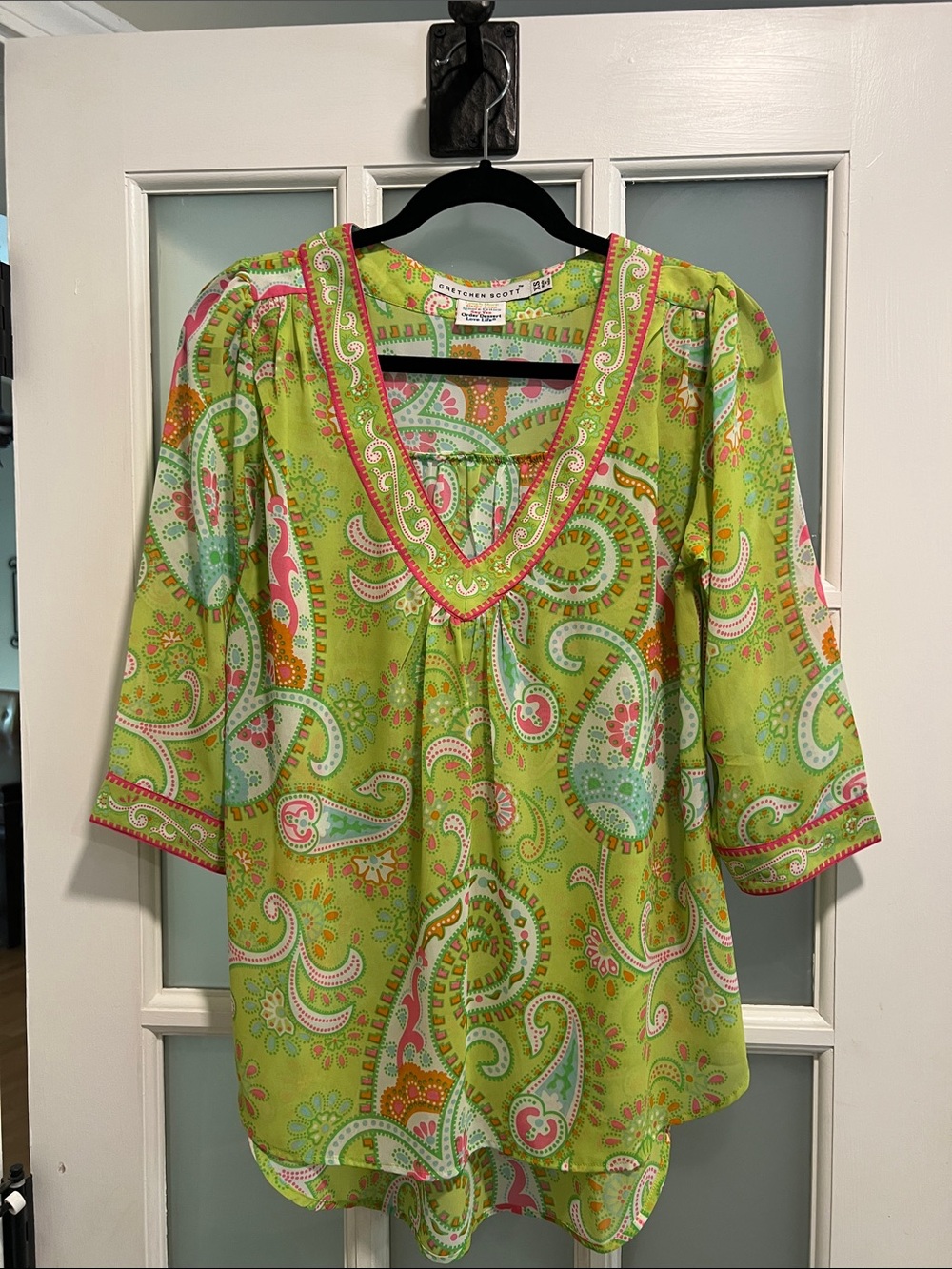 Gretchen Scott Designs Lime Paisley Tunic with Pink and Aqua Accents